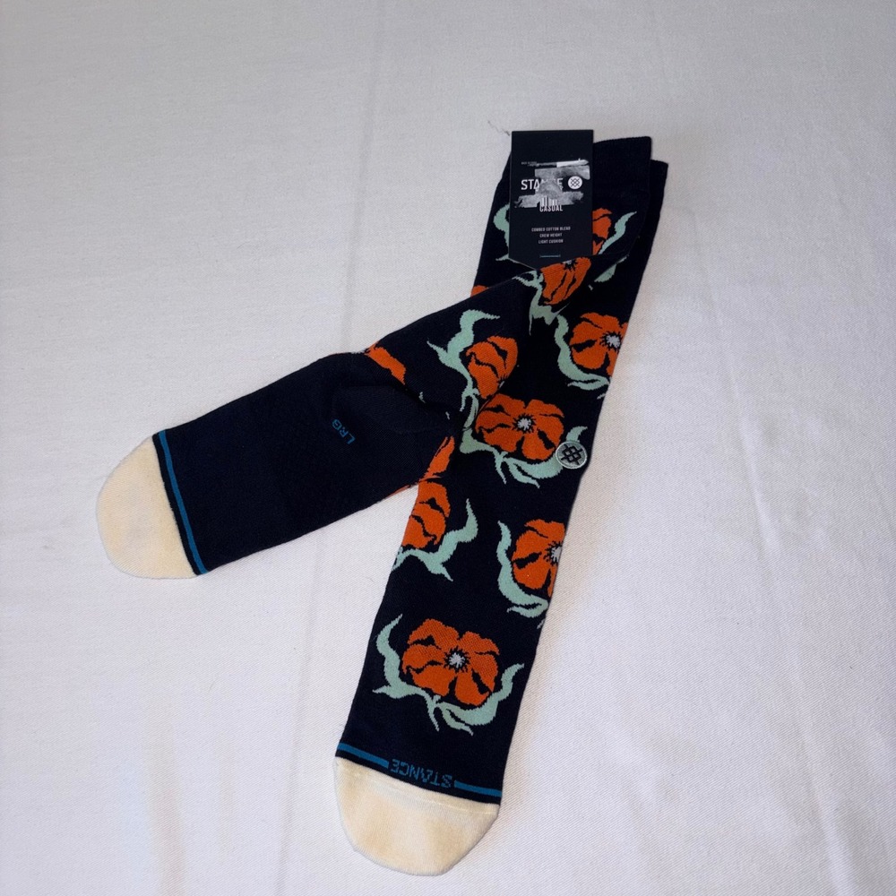Stance Broadcast Floral Crew Socks Black Orange Large BLK NEW